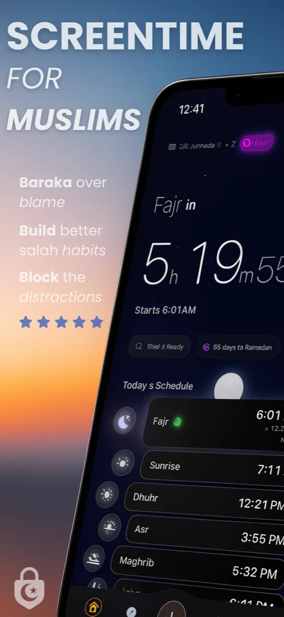 SalahLock home screen showing prayer countdown and daily schedule